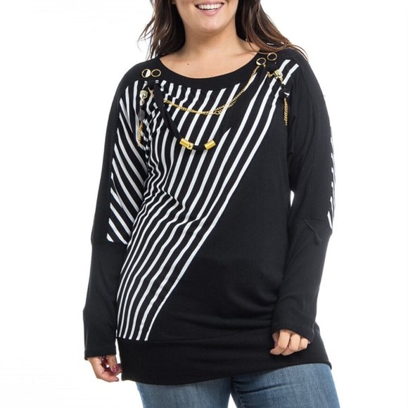 Dila Ladies Knit Top Long-Sleeve Scoop-Neck Black White Striped Plus Size 1X NWT - Picture 1 of 3